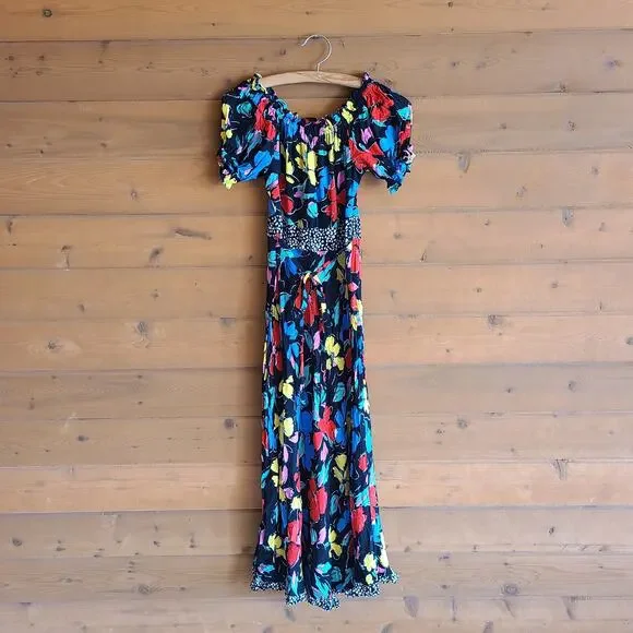 Rixo Maxi Dress Y2K 90's Black Floral Multicolor Off Shoulder Flowy 2 Target - Picture 2 of 6